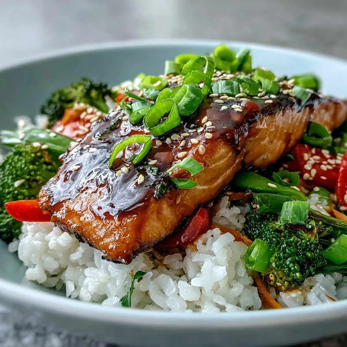 Flaky glazed Teriyaki Salmon Bowl with fluffy rice and crisp stir-fried vegetables for a vibrant dinner.