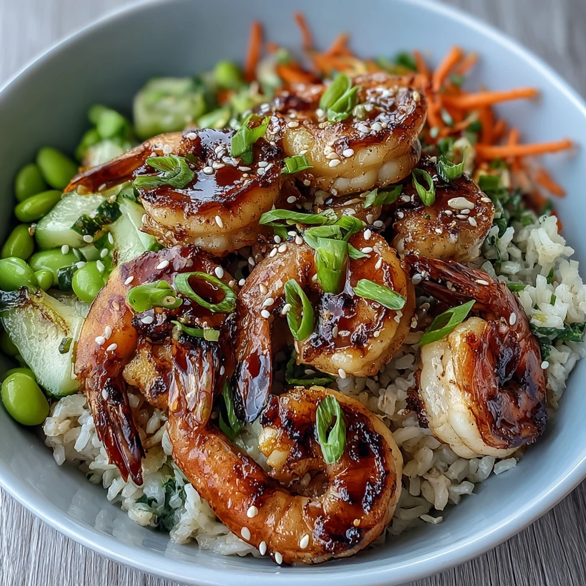 Freshly prepared Asian Shrimp Bowl topped with crisp cucumber, green scallions, and sesame seeds, served as a colorful main dish.