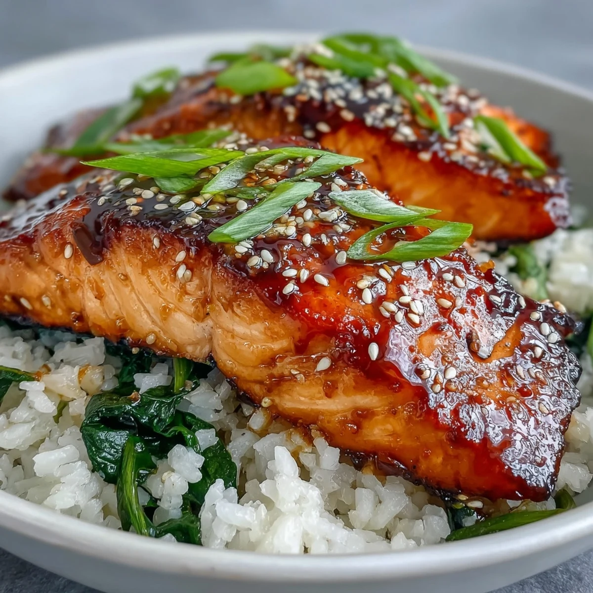 Golden-brown miso glazed salmon bowl atop jasmine rice and sautéed spinach, garnished with sesame seeds and green onions.