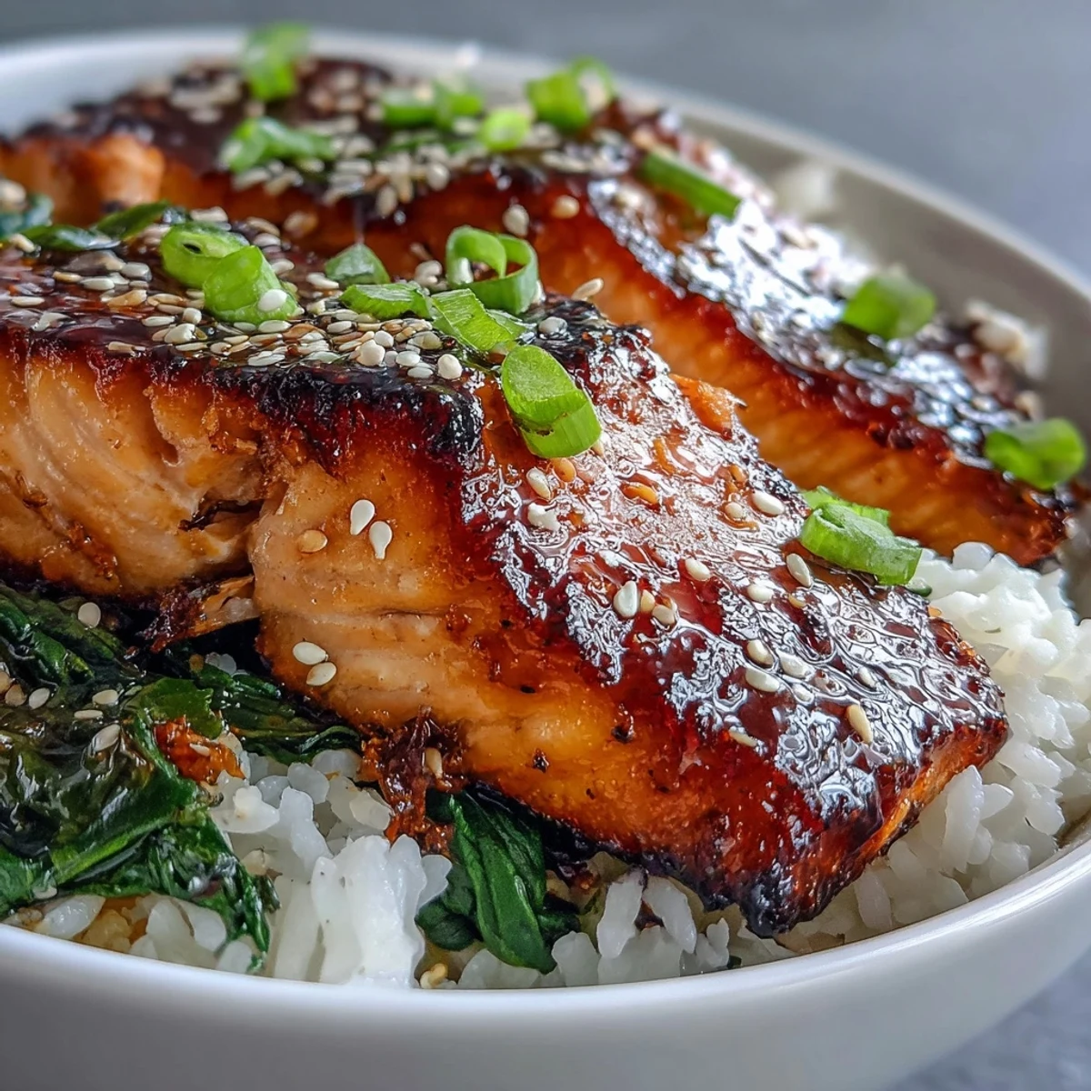Caramelized miso glazed salmon fillet nestled on jasmine rice with wilted spinach, ready to enjoy for dinner.