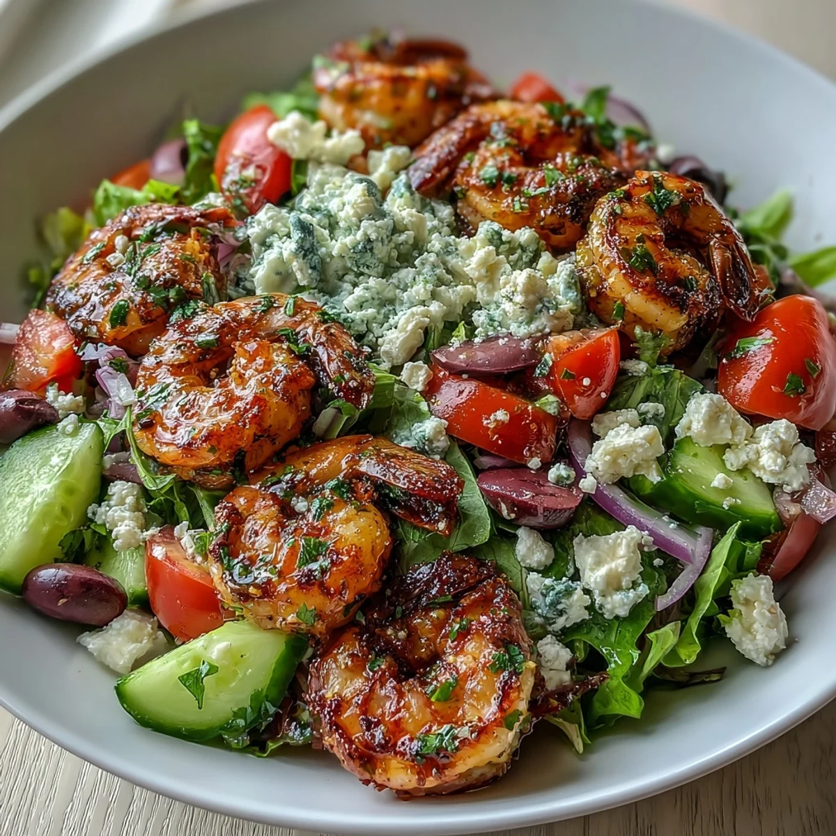 Colorful Greek Shrimp Bowl featuring juicy grilled shrimp and fresh vegetables, finished with zesty lemon dressing.