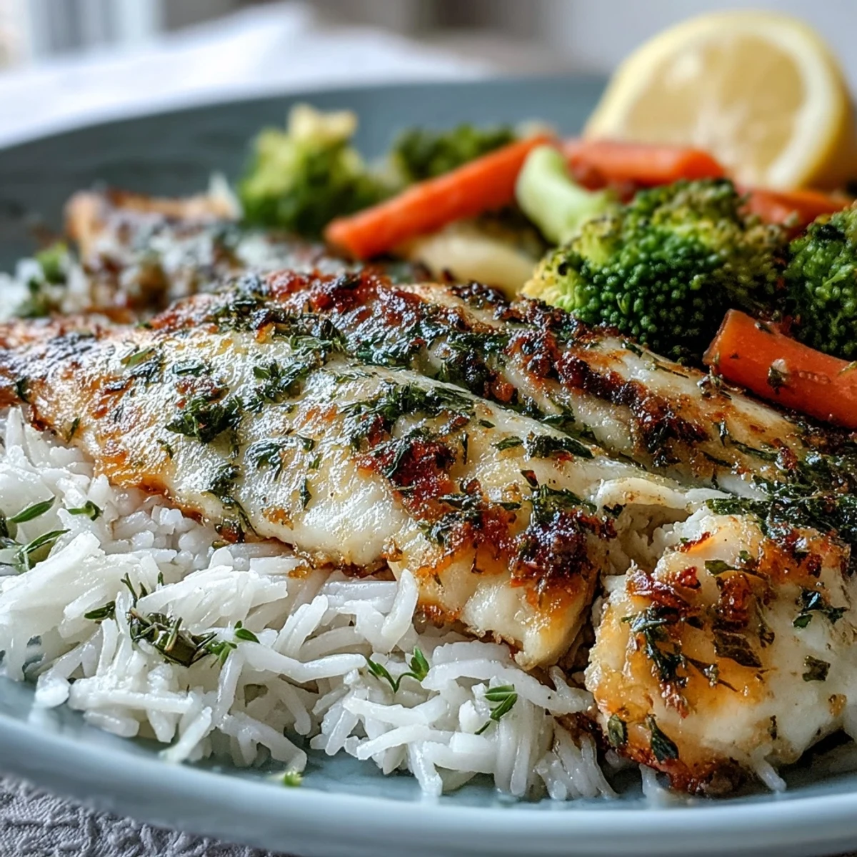 Tender tilapia over fluffy rice with carrots and broccoli, served warm in bowls.