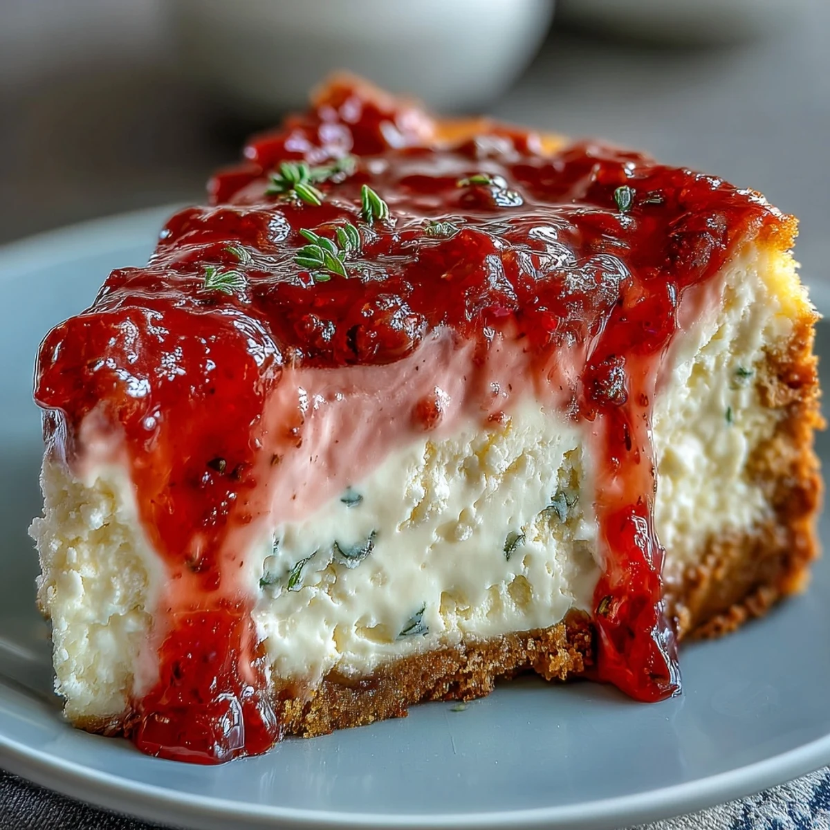 Rich Guava Cheesecake featuring a crumbly Maria cookie crust and a luscious, marbled tropical filling garnished with mint.