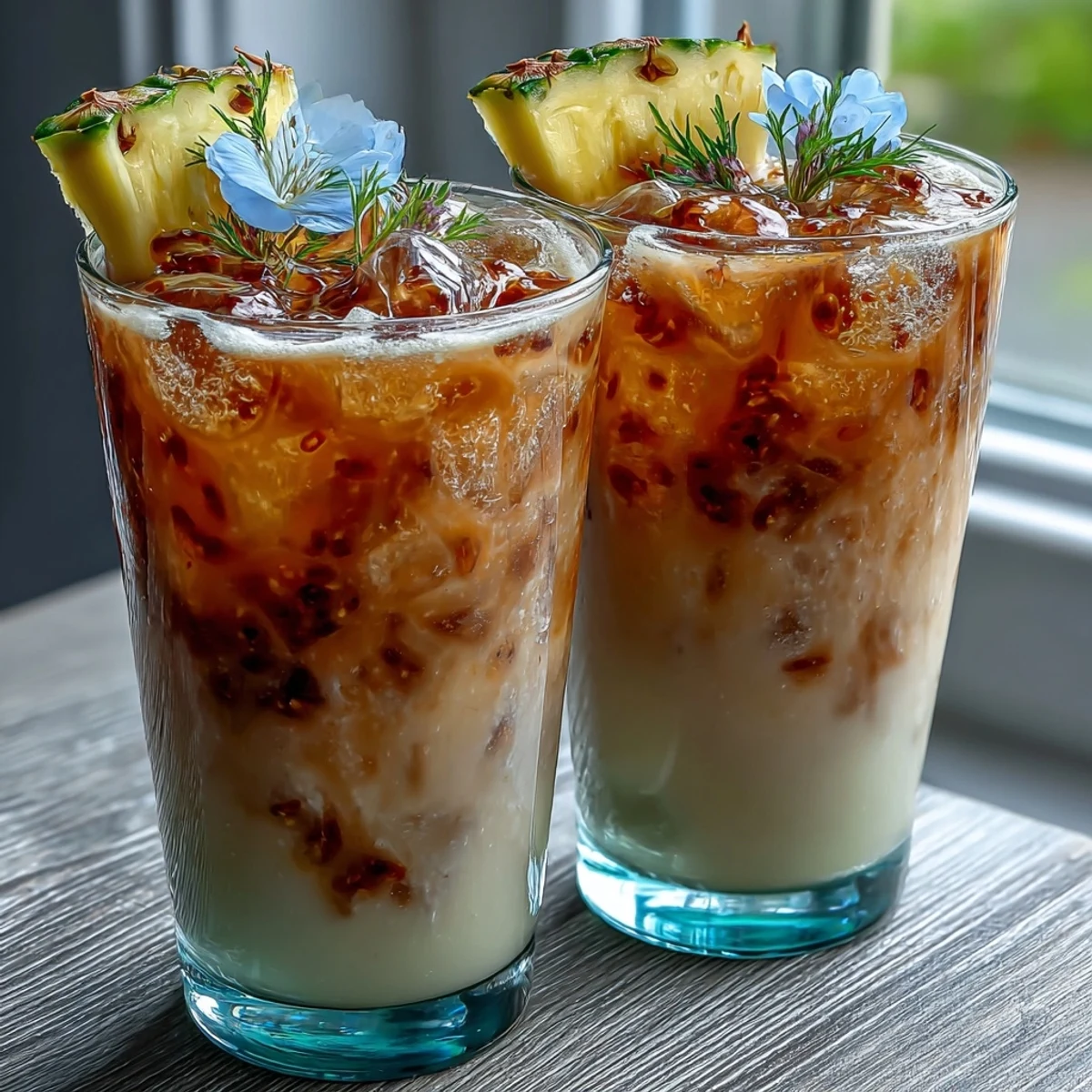 Iced Guava Passionfruit Drink with fresh pineapple and edible flowers, inspired by the popular Starbucks refreshers.