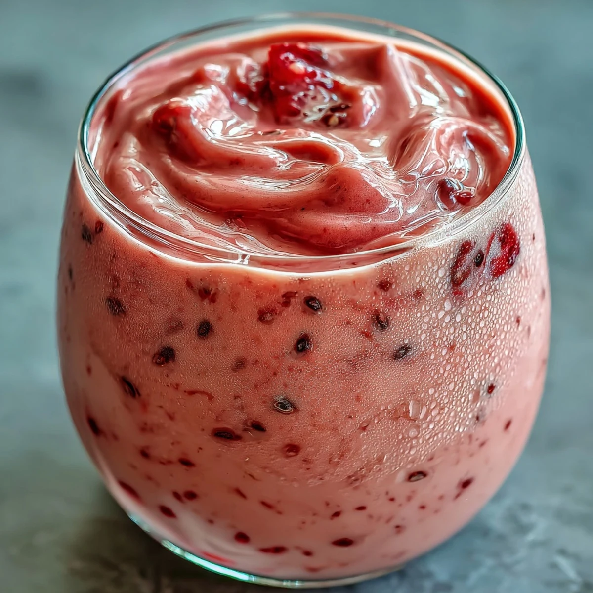 Glass of creamy Guava Banana Smoothie topped with banana slices, served with a straw on a tropical blue background.
