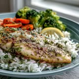 Golden-brown baked tilapia, rice, and crisp-tender vegetables ready for a healthy dinner.