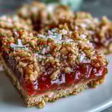 Freshly baked Guava Jam Bars with Coconut Macadamia Oat Crumble cut into squares.