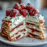A showstopping Mother's Day Crêpe Cake, beautifully adorned with fresh berries.