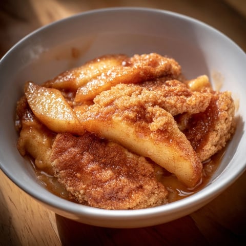 Warm, golden Spiced Apple Cobbler bubbling in a baking dish, ready to serve.