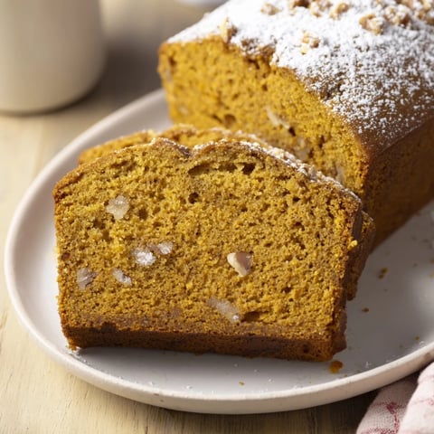 Steaming mug of pumpkin bread, soft inside, spiced with cinnamon and perfect for fall flavor.