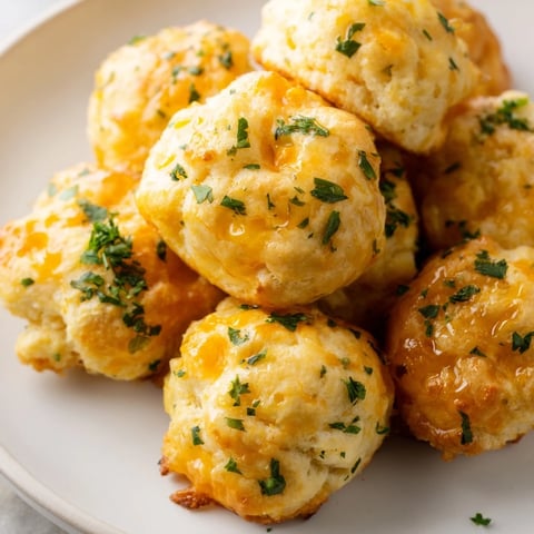 Golden brown Mini Cheddar Bay Biscuit Pull-Aparts, warm from the oven, ready to be shared and pulled apart.