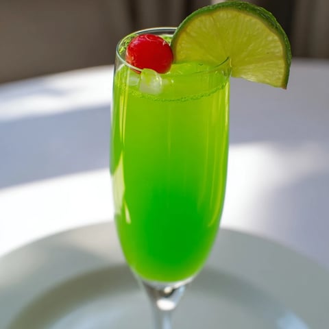 Bright green Quick Grinch Mimosa Mocktail, garnished with cherry and lime, perfect for Christmas.