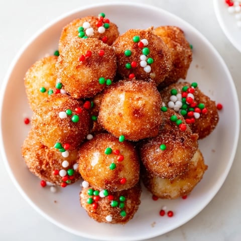 Golden, airy Air Fryer Christmas Donut Holes, dusted with cinnamon sugar and holiday sprinkles.