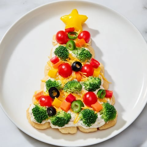 Festive Easy Christmas Tree Veggie Pizza, vibrant with colorful vegetables and creamy base for the holidays.