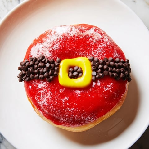 Festive Santa Belly Donuts, glazed red and decorated with a chocolate belt, ready to eat.