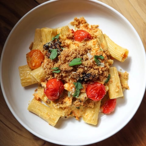Golden baked Baked Goat Cheese Snowflake Tomato Basil Pasta with blistered tomatoes, ready to serve and enjoy.