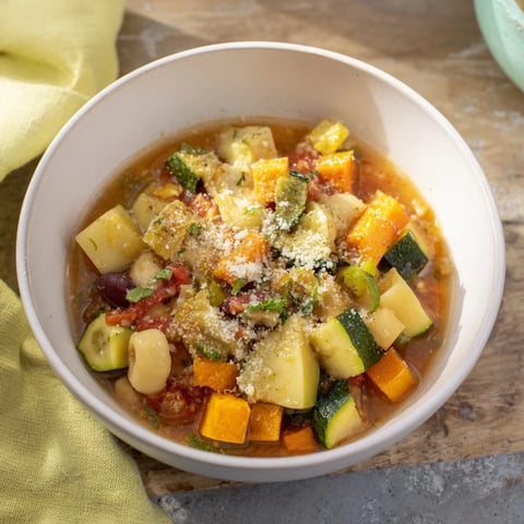 Steaming bowl of Veggie-Packed Minestrone Christmas Pasta Pot, with vibrant colors and hearty vegetables, ready to serve.