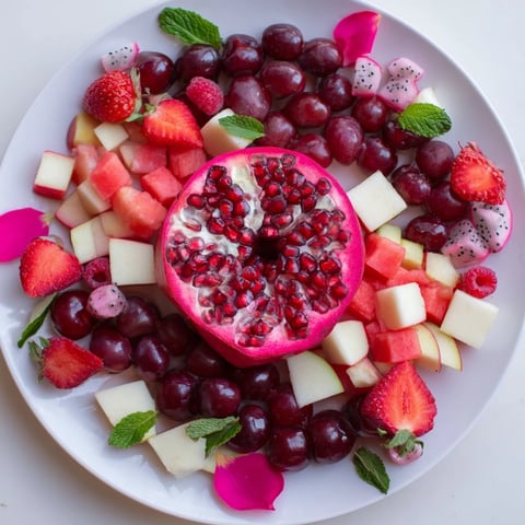 Vibrant The Pomegranate Pivot fruit platter boasts a beautiful gradient of fresh red and pink fruits.