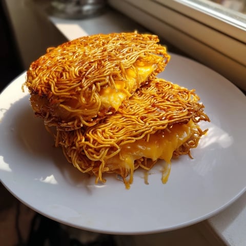 Golden-brown Ramen Grilled Cheese, featuring melted cheese oozing from crispy ramen noodle buns, ready to eat.