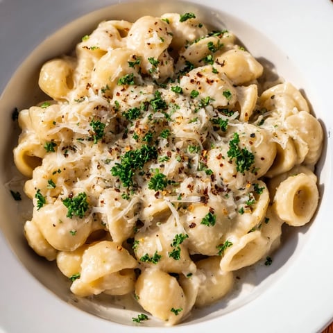 Steaming bowl of creamy garlic ditalini pasta, garnished with fresh parsley and Parmesan cheese.