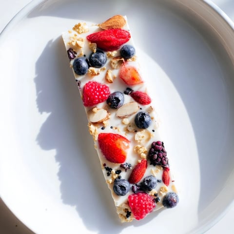 Vibrant frozen fruit yogurt bark with colorful berries and crunchy granola, a refreshing treat.
