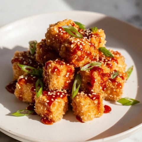 Golden-brown Honey Sriracha Tofu Nuggets, glazed and ready to eat, a perfect appetizer.
