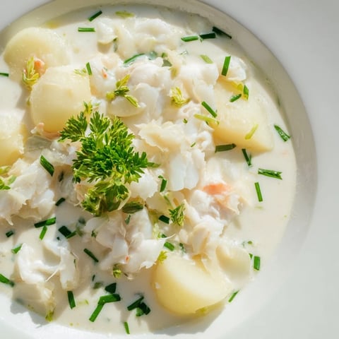 A steaming bowl of Icelandic Fish Stew, creamy and packed with tender white fish.