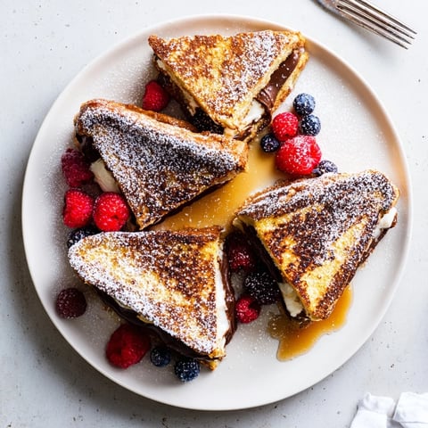 Golden-brown Nutella Brioche French Toast slices dusted with powdered sugar and topped with fresh berries on a white plate.