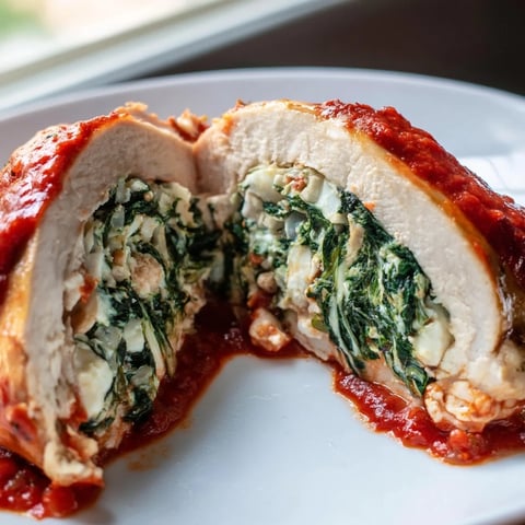 Golden-brown baked Spinach Ricotta Stuffed Chicken breasts nestled in a rich, bubbling tomato sauce, served on a white plate.