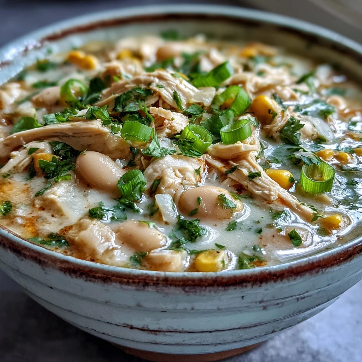 A bowl of creamy White Chicken Chili garnished with cilantro and cheese, served with lime wedges and tortilla chips.
