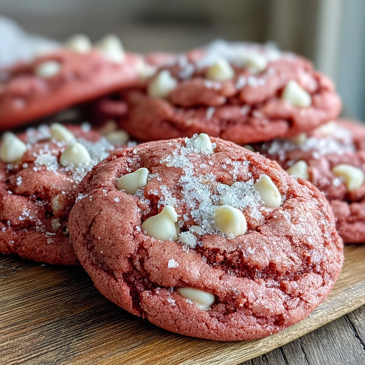 Freshly baked Pink Velvet Cookies with creamy white chocolate chips on a rustic wooden board, ready to enjoy.