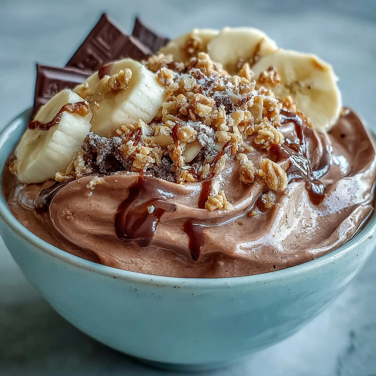 Thick and creamy Chocolate Peanut Butter Smoothie Bowl topped with banana slices and crunchy granola.