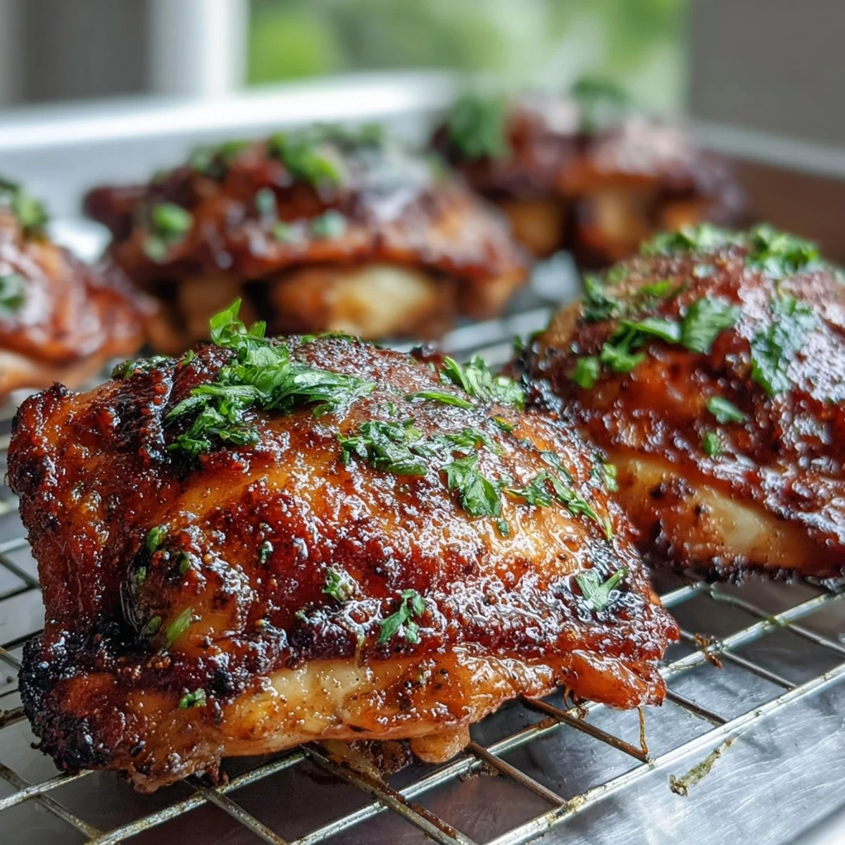 Crispy Baked Bone-In Chicken Thighs with golden crackling skin served on a platter with lemon wedges and fresh parsley garnish.