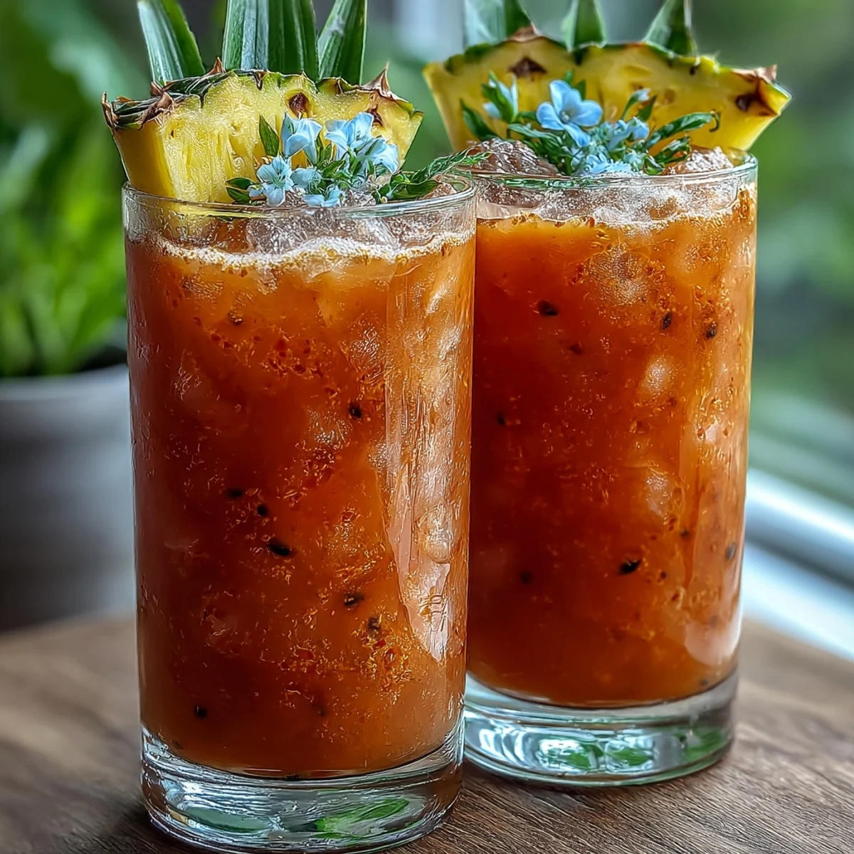 A tall glass of Iced Guava Passionfruit Drink with a pineapple wedge garnish and vibrant pink-orange hues.