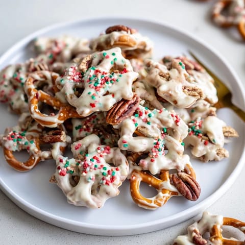 Festive gingerbread pretzel clusters drizzled with chocolate and sprinkled for a colorful touch.  