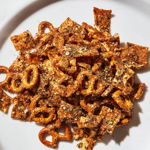 Golden baked pretzel chips generously coated with zesty spices, ideal for sharing.  