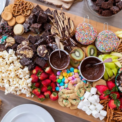 Indulge in a colorful array of dessert board snacks for your holiday feast.  