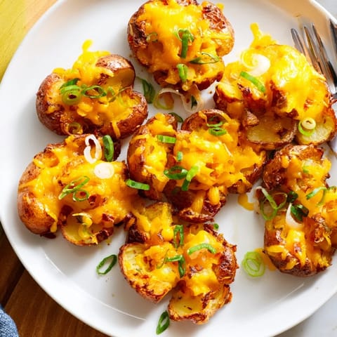 Golden potatoes smashed and baked, featuring flavorful green onions and garlic seasoning.  