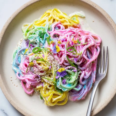 Vibrant Neon Noodle Cloud dish topped with edible flowers for a whimsical presentation.  