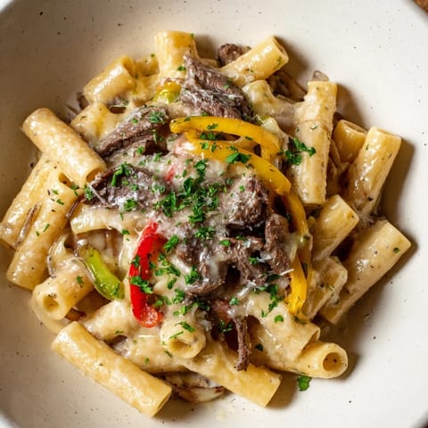 Golden-brown Philly Cheese Steak Pasta, ready to serve, featuring peppers and onions.