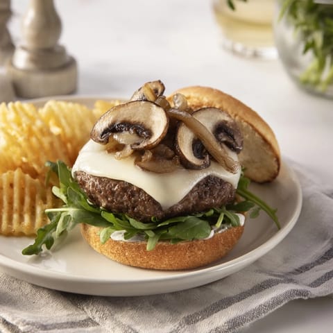 A close-up of a delicious Mushroom Swiss Burger with golden-brown waffle fries ready to eat.