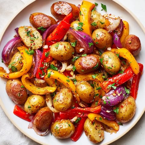 Golden-brown Sheet-Pan Sausage with Peppers, Onions, and Potatoes, fresh from the oven, a complete meal.