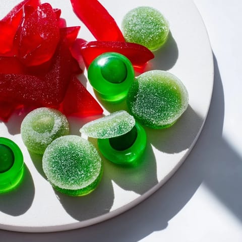 Vibrant Poison Apple Candy Platter: Green apple candies mingle with dark, "poisonous" treats for a spooky dessert.