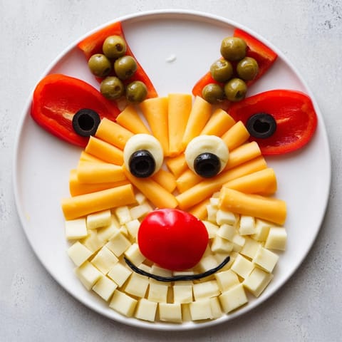 Vibrant Cheesy Reindeer Face Platter with olives and pepper, perfect for a joyful holiday snack.