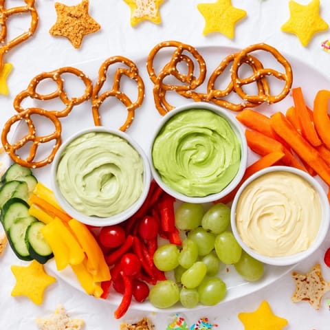 This Kids Snack Adventure Map image shows fun food: pretzels trails connect hummus, ranch, and guac.