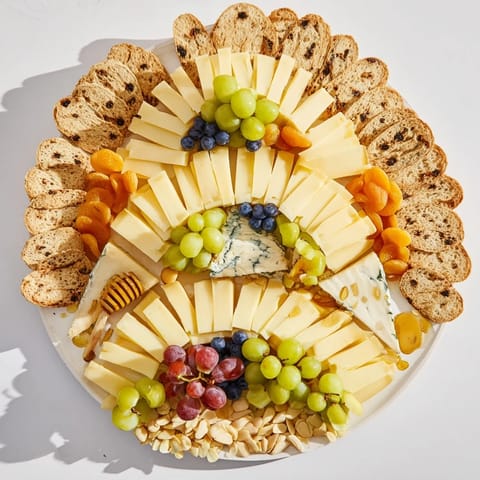 Magnificent Art Deco Arch Cheese Platter: an elegant, tiered arrangement with grapes, almonds, and honey.