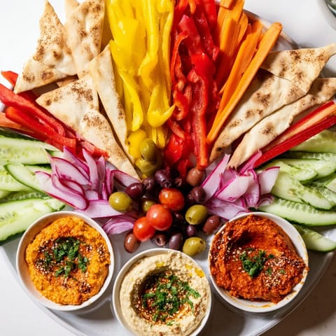 A visually stunning photo of The Moroccan Tent appetizer, with fresh veggies artfully arranged for dipping.