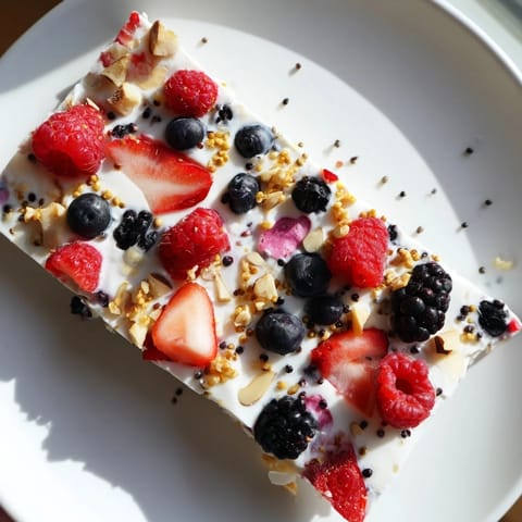 Cool, creamy frozen fruit yogurt bark with scattered berries and nuts, a healthy snack idea.