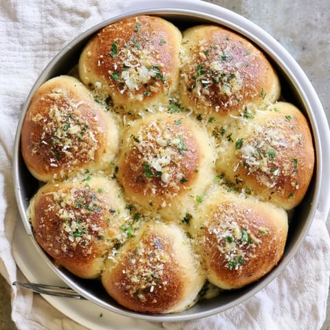 Warm Garlic Butter Bread Pull-Apart arranged in a round pan, ready to be shared at a dinner party or enjoyed as a savory side dish.