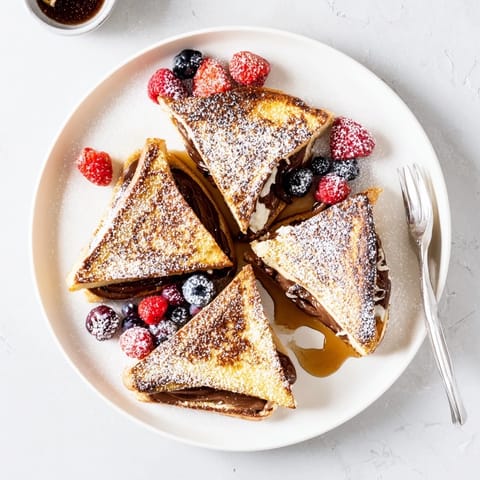 Decadent Nutella Brioche French Toast sandwiches, pan-fried to perfection with a gooey chocolate center and drizzled with maple syrup.